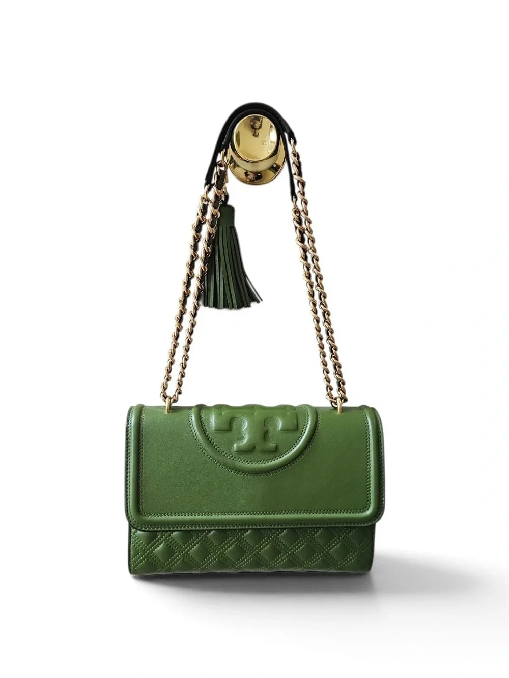 Tory Burch Olive Green Quilted Leather Shoulder Bag with Gold Chain